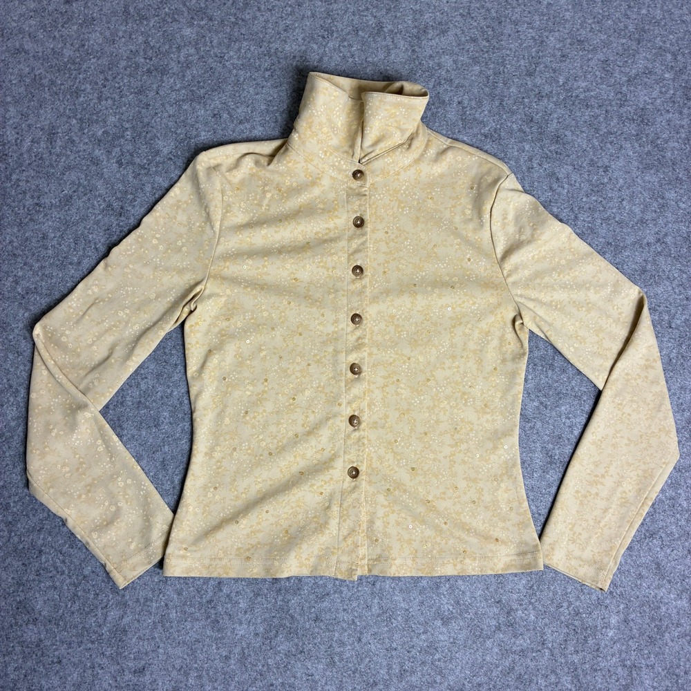 Azona Womens Floral Sequin Button Up High Neck Long Sleeve Top Cream Yellow M